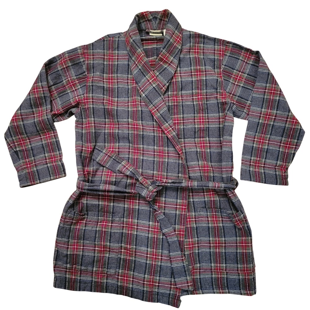 LL Bean Scotch Plaid Flannel Robe Cotton Bathrobe S Reg Grey Stewart Tartan